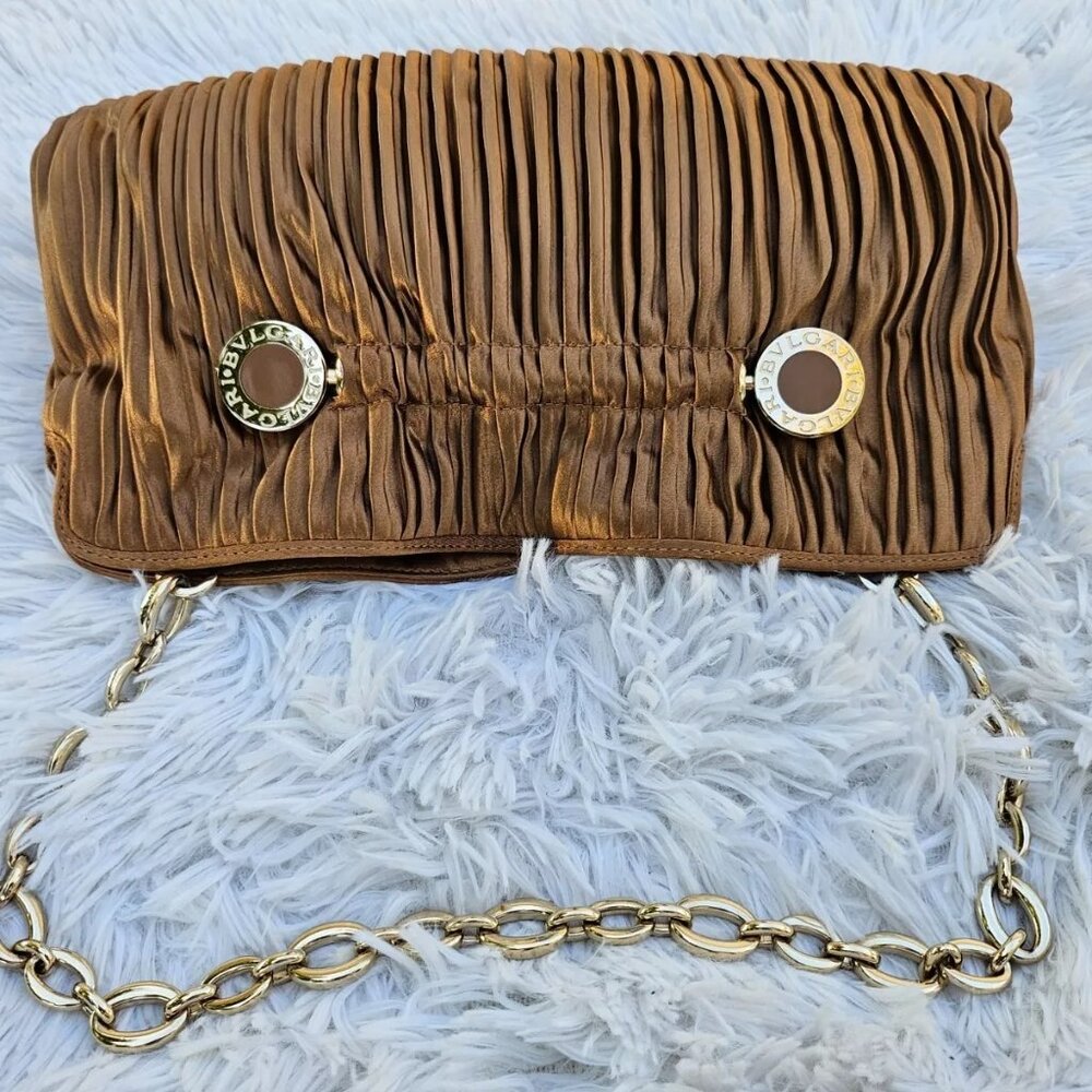 BVLGARI Handbag Metallic Brown Pleated Satin Clutch Gold Tone Hardware Purse - Picture 5 of 12